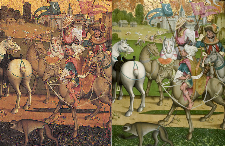 Side-by-side of the painting before and after its restoration